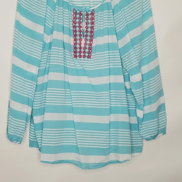 Talbots Woman Beaded Striped Top Size 2X Blue White Cotton Boho Popover Coastal - Picture 3 of 12